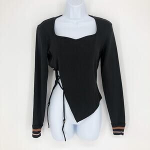 DIDU Asymmetrical Lace Up Top Black Medium Sweetheart Neck Long Sleeve Knit SS23